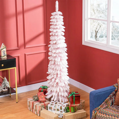 6ft Snow-Flocked Slim Pencil Christmas Tree, 395 Branches, Metal Base, Pink Pencil Christmas Trees at Gallery Canada