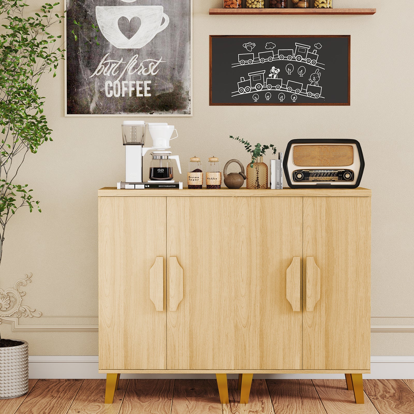 Buffet Cabinet with Double Doors and Raised Legs, Natural Sideboards Cabinets & Buffets at Gallery Canada
