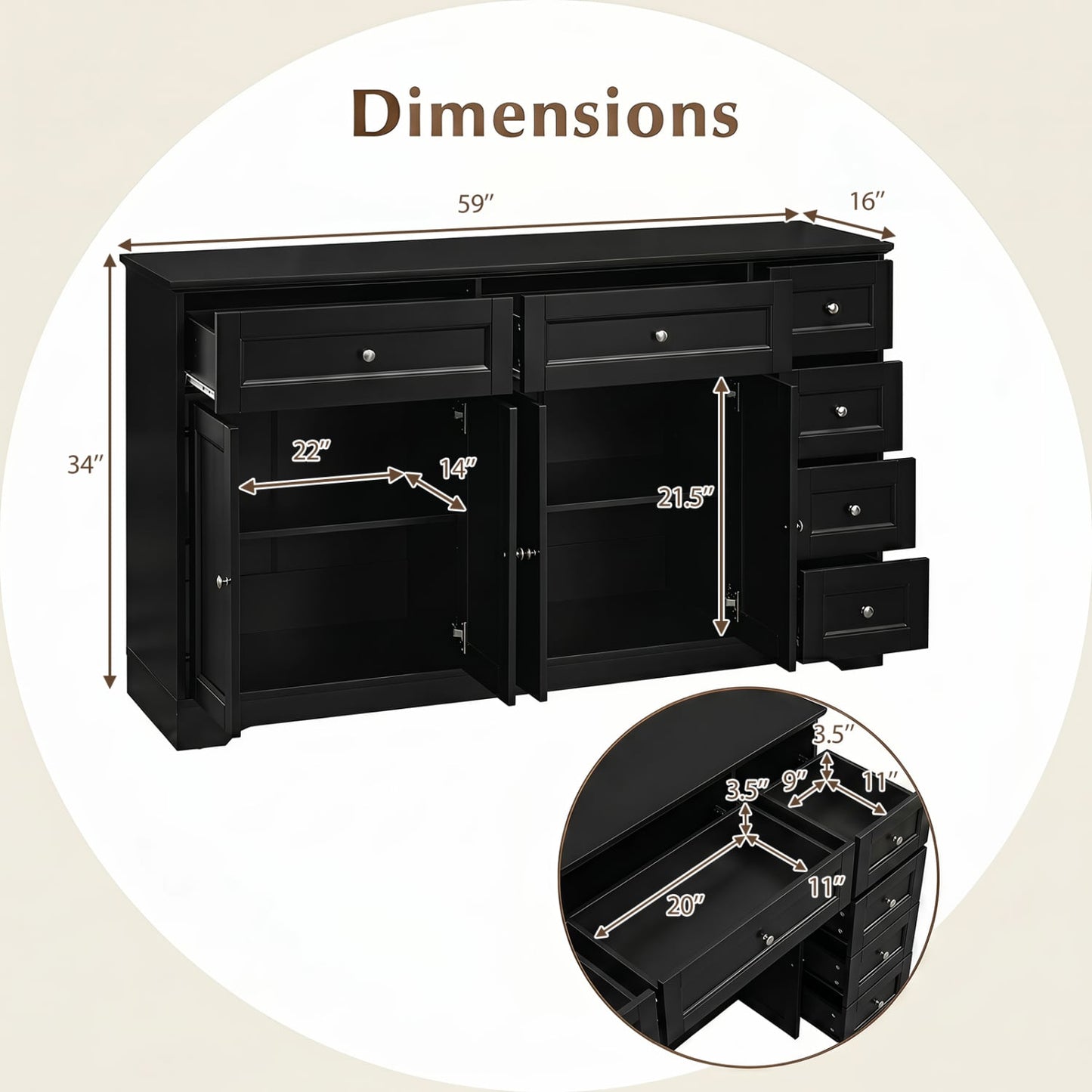 Buffet Sideboard 59" Console Table, Black