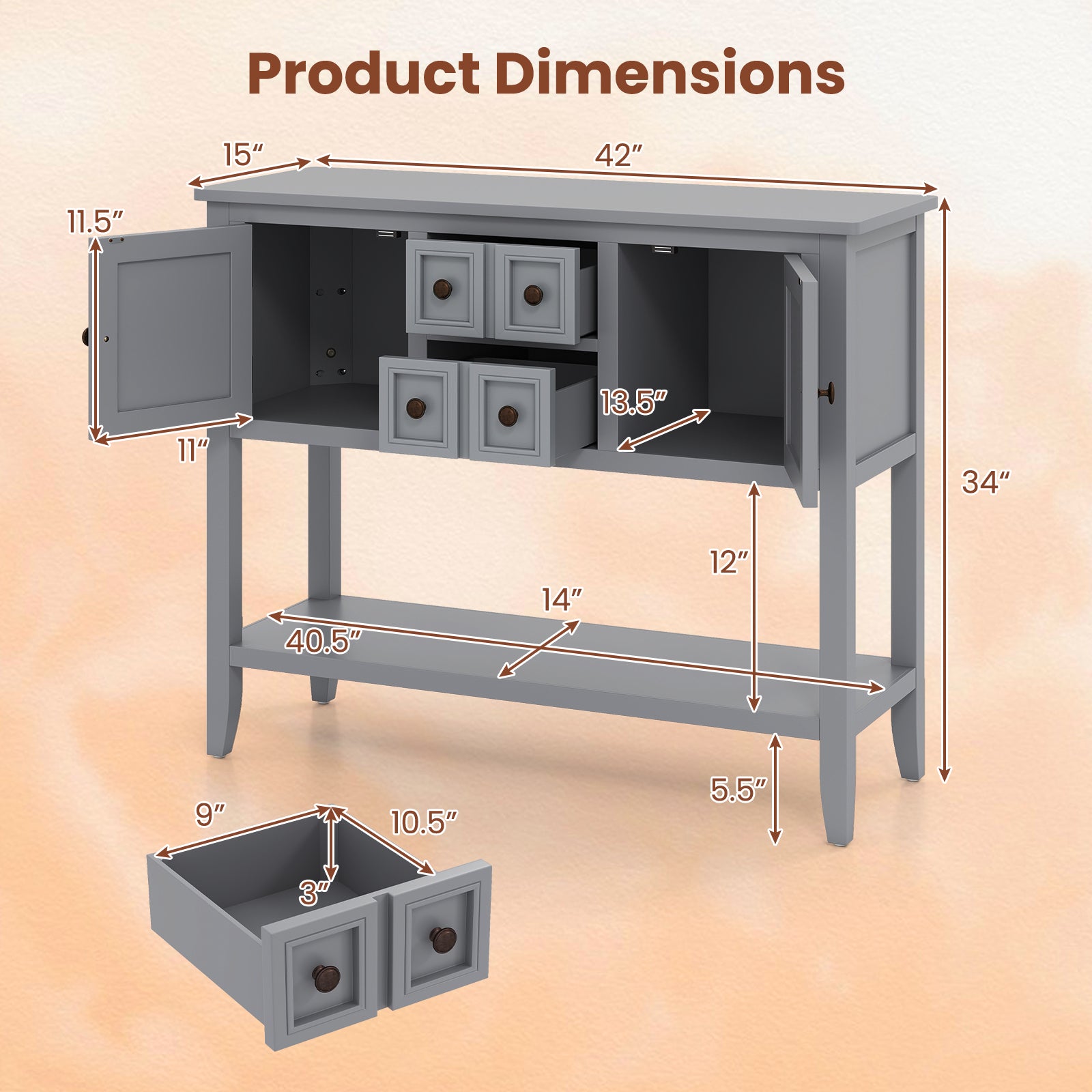 Buffet Sideboard Cabinet with 2 Doors and 2 Drawers, Gray Sideboards Cabinets & Buffets at Gallery Canada