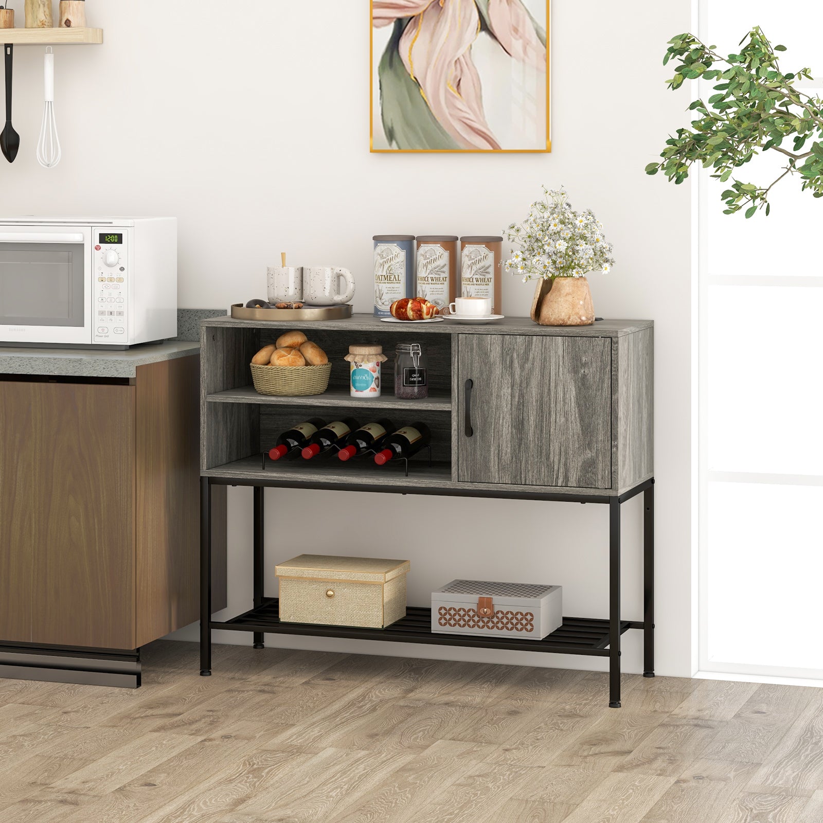 Coffee Bar Cabinet With Power Outlets, USB Ports, Gray Sideboards Cabinets & Buffets at Gallery Canada