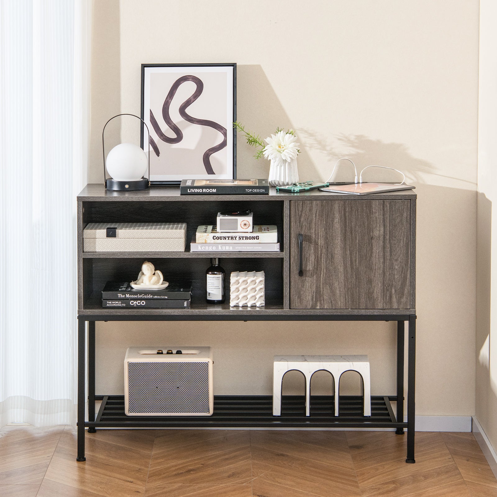 Coffee Bar Cabinet With Power Outlets, USB Ports, Gray Sideboards Cabinets & Buffets at Gallery Canada