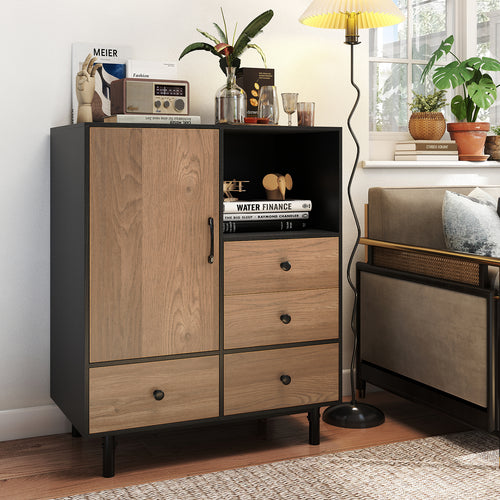 Buffet Sideboard Mid Century Modern Storage Cabinet with 4 Drawers and Open Compartment, Black