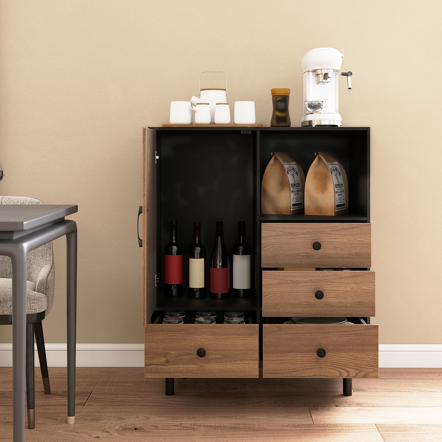 Buffet Sideboard Mid Century Modern Storage Cabinet with 4 Drawers and Open Compartment, Black Sideboards Cabinets & Buffets at Gallery Canada