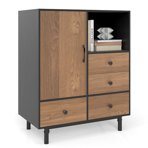 Buffet Sideboard Mid Century Modern Storage Cabinet with 4 Drawers and Open Compartment, Black