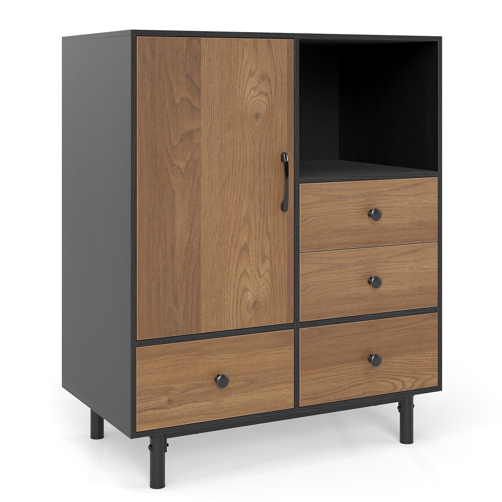 Buffet Sideboard Mid Century Modern Storage Cabinet with 4 Drawers and Open Compartment, Black Sideboards Cabinets & Buffets at Gallery Canada