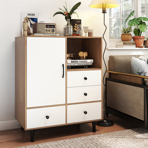 Buffet Sideboard Mid Century Modern Storage Cabinet with 4 Drawers and Open Compartment, Natural