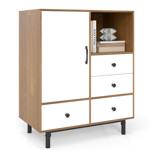Buffet Sideboard Mid Century Modern Storage Cabinet with 4 Drawers and Open Compartment, Natural