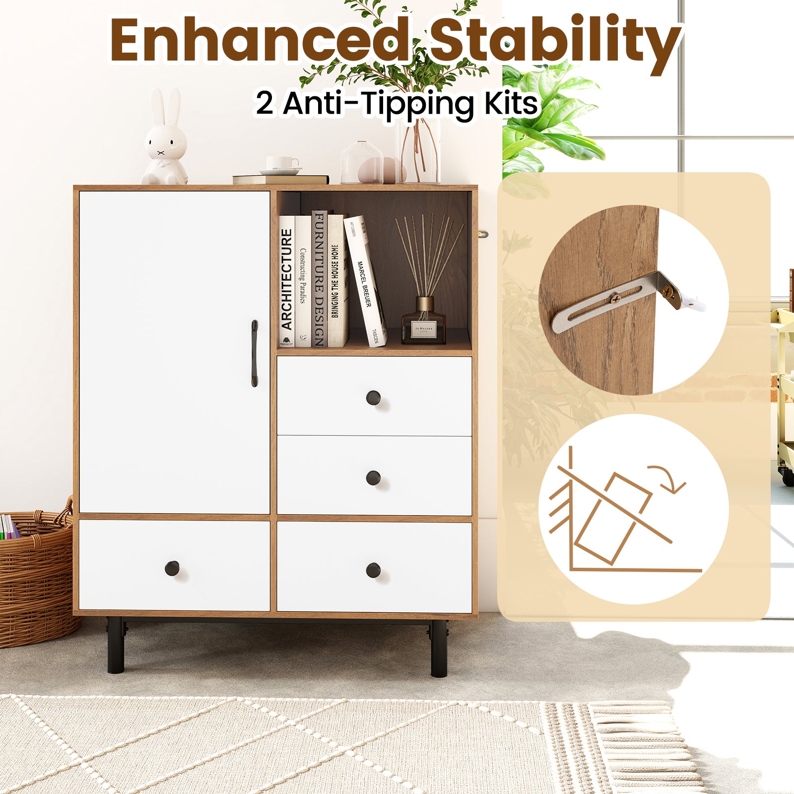 Buffet Sideboard Mid Century Modern Storage Cabinet with 4 Drawers and Open Compartment, Natural Sideboards Cabinets & Buffets at Gallery Canada