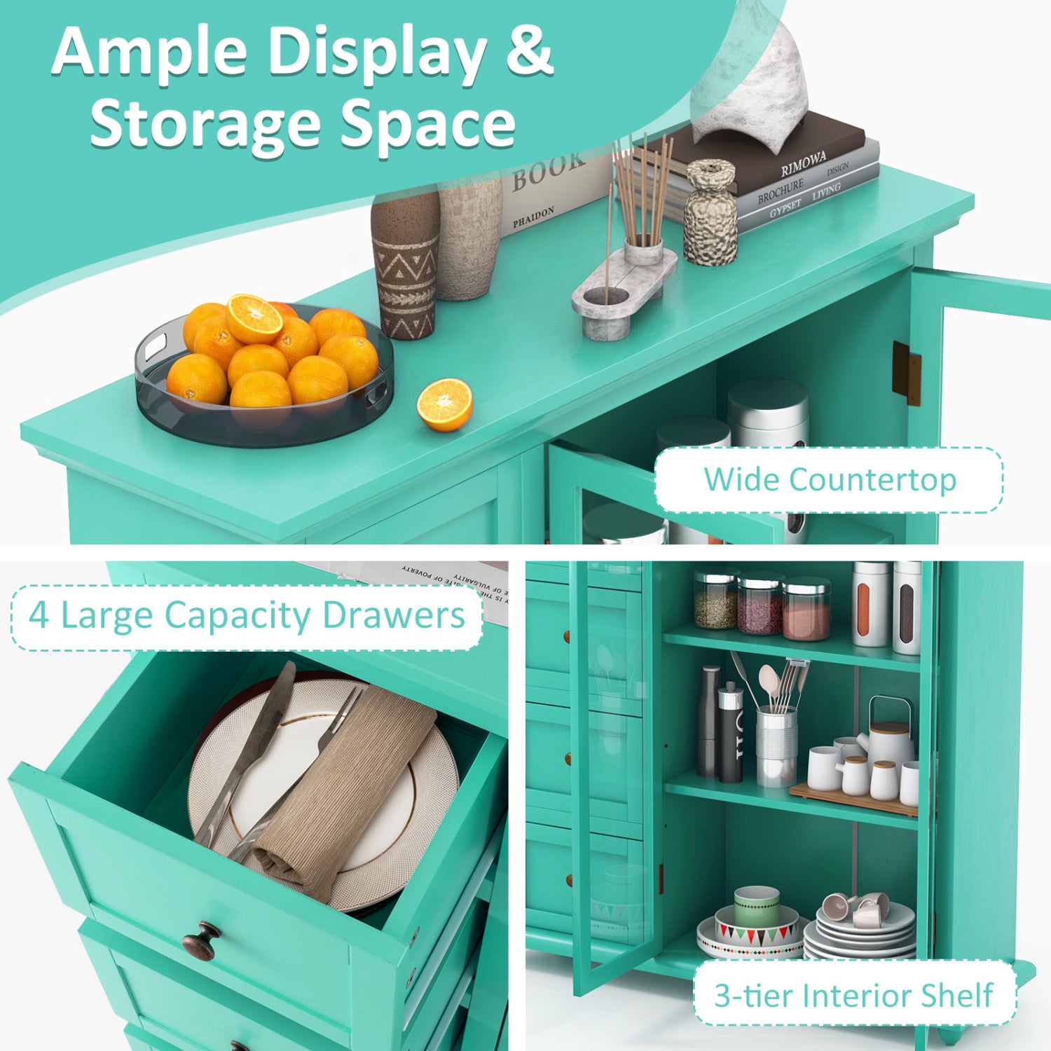 Buffet Sideboard Table, Kitchen Storage Cabinet with Drawers and Doors, Green Sideboards Cabinets & Buffets at Gallery Canada