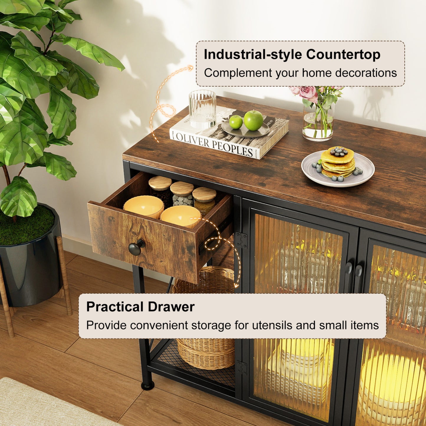 Buffet Sideboard With Doors, Power Outlets, LED Light, Brown Sideboards Cabinets & Buffets at Gallery Canada