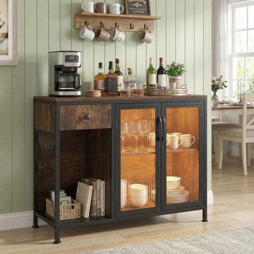 Buffet Sideboard With Doors, Power Outlets, LED Light, Brown