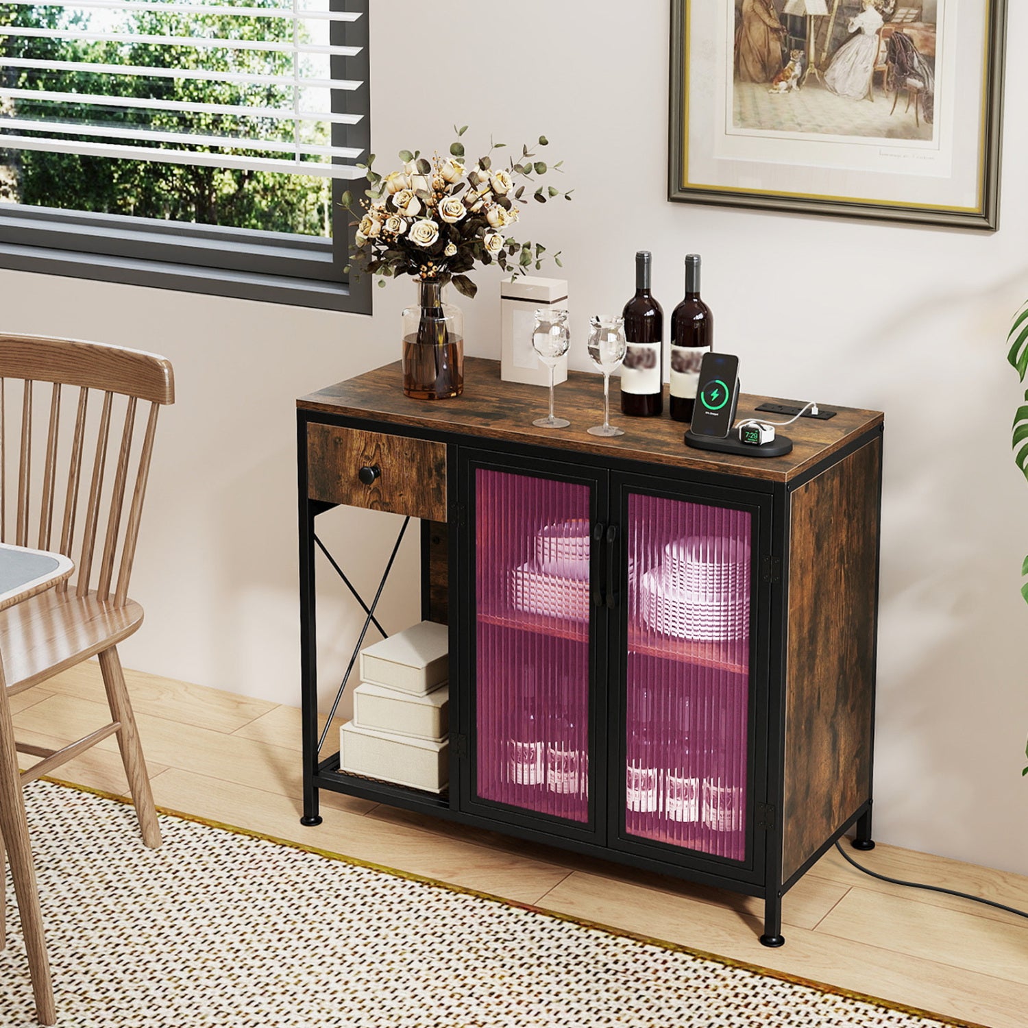Buffet Sideboard With Doors, Power Outlets, LED Light, Brown Sideboards Cabinets & Buffets at Gallery Canada