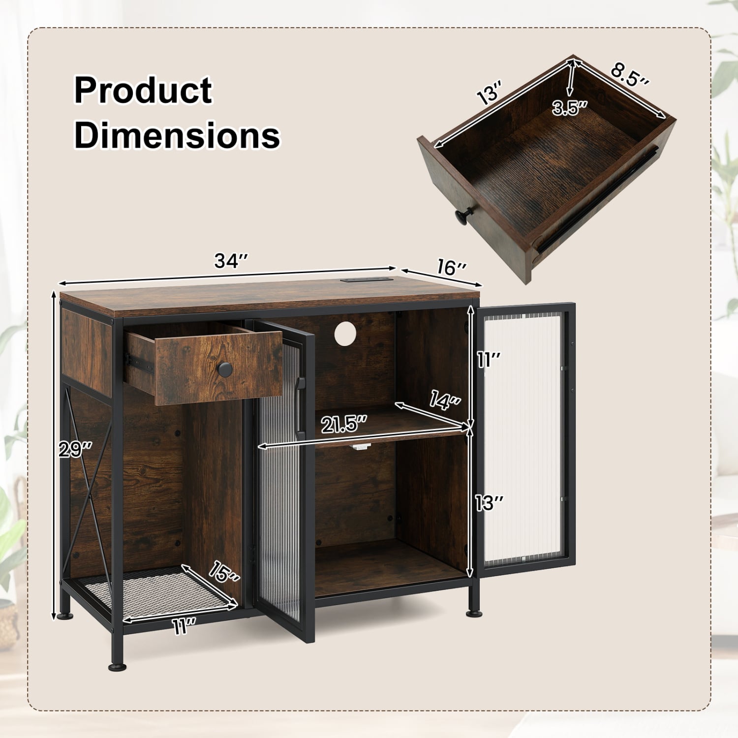 Buffet Sideboard With Doors, Power Outlets, LED Light, Brown Sideboards Cabinets & Buffets at Gallery Canada