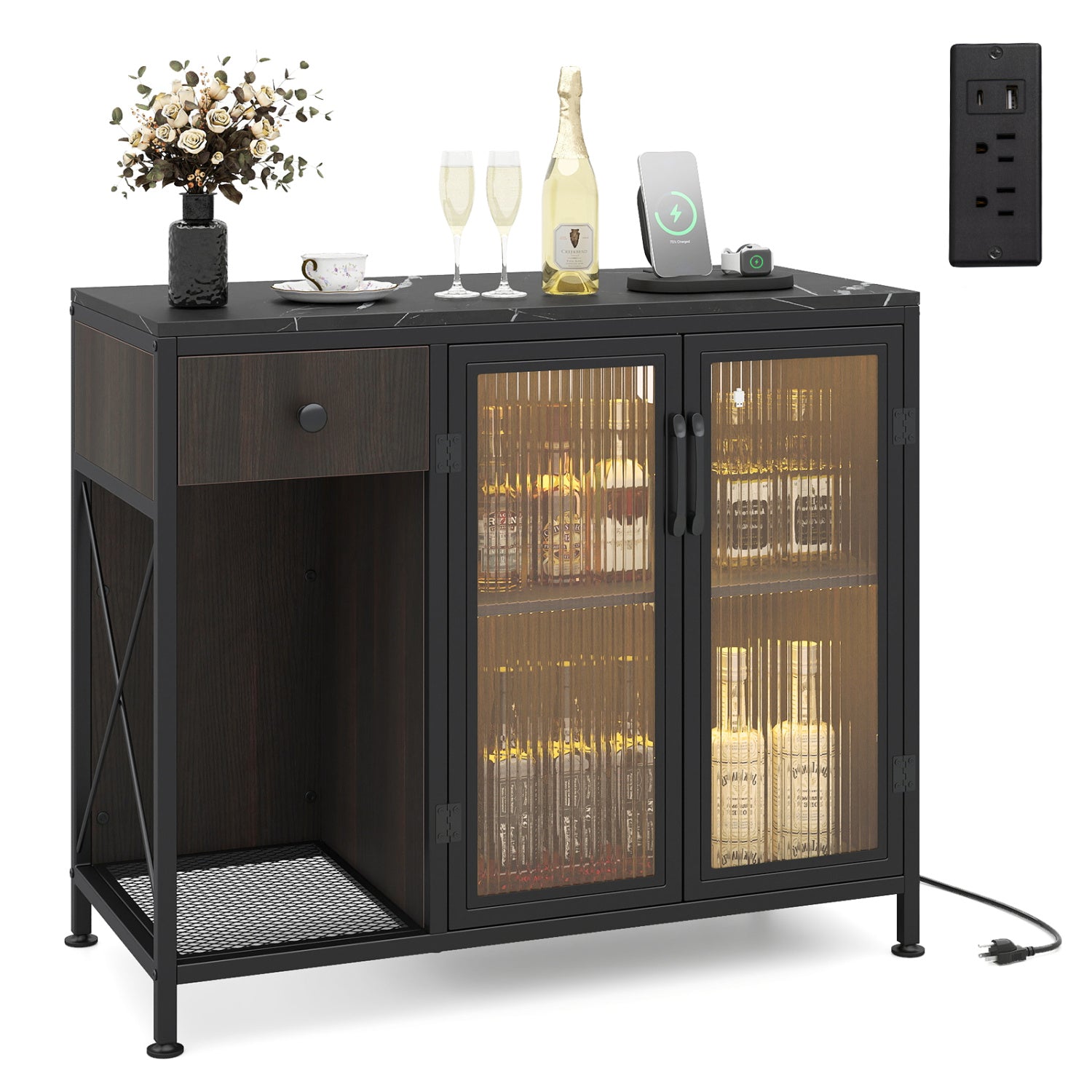 Buffet Sideboard With Doors, Power Outlets, LED Light, Black Sideboards Cabinets & Buffets at Gallery Canada