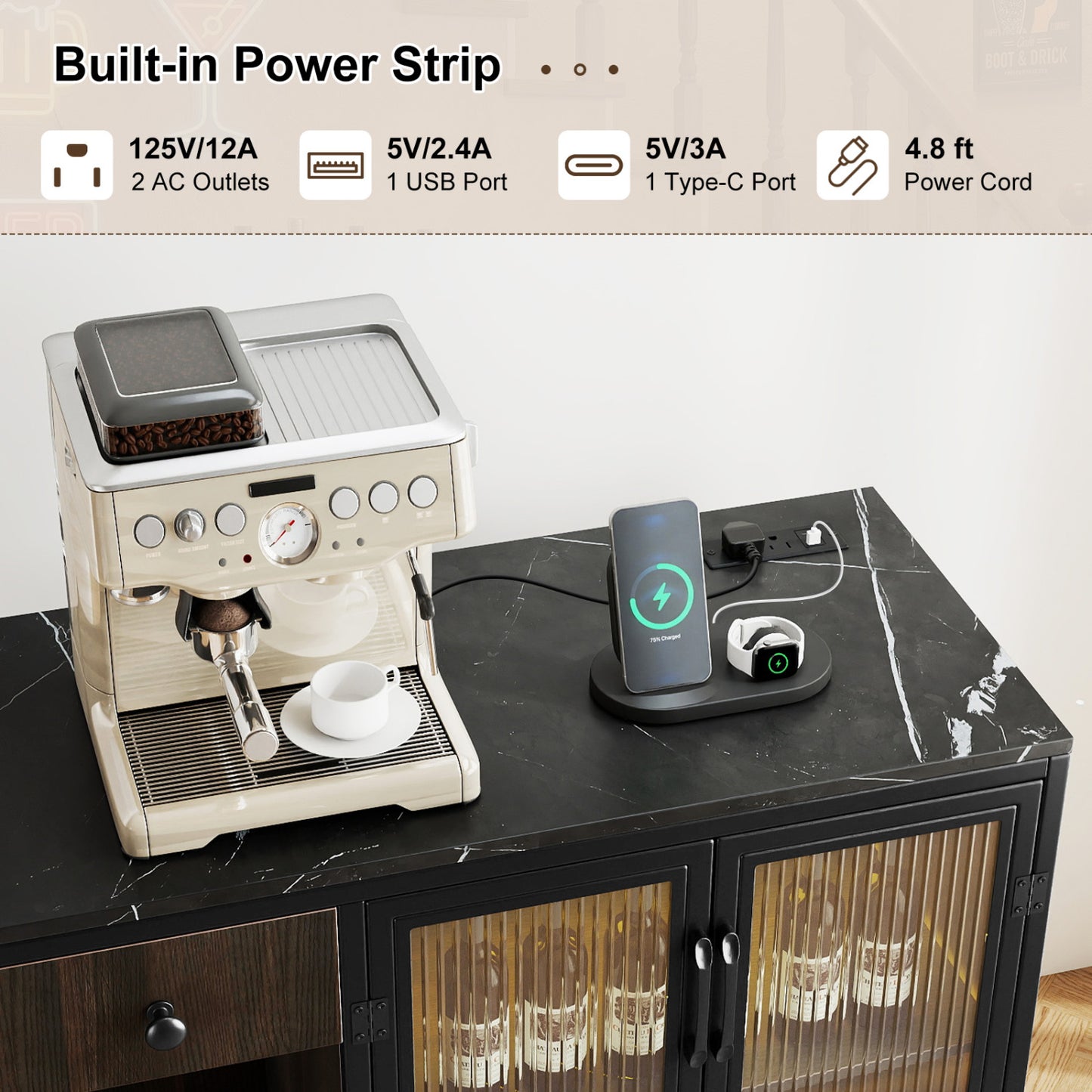 Buffet Sideboard With Doors, Power Outlets, LED Light, Black Sideboards Cabinets & Buffets at Gallery Canada