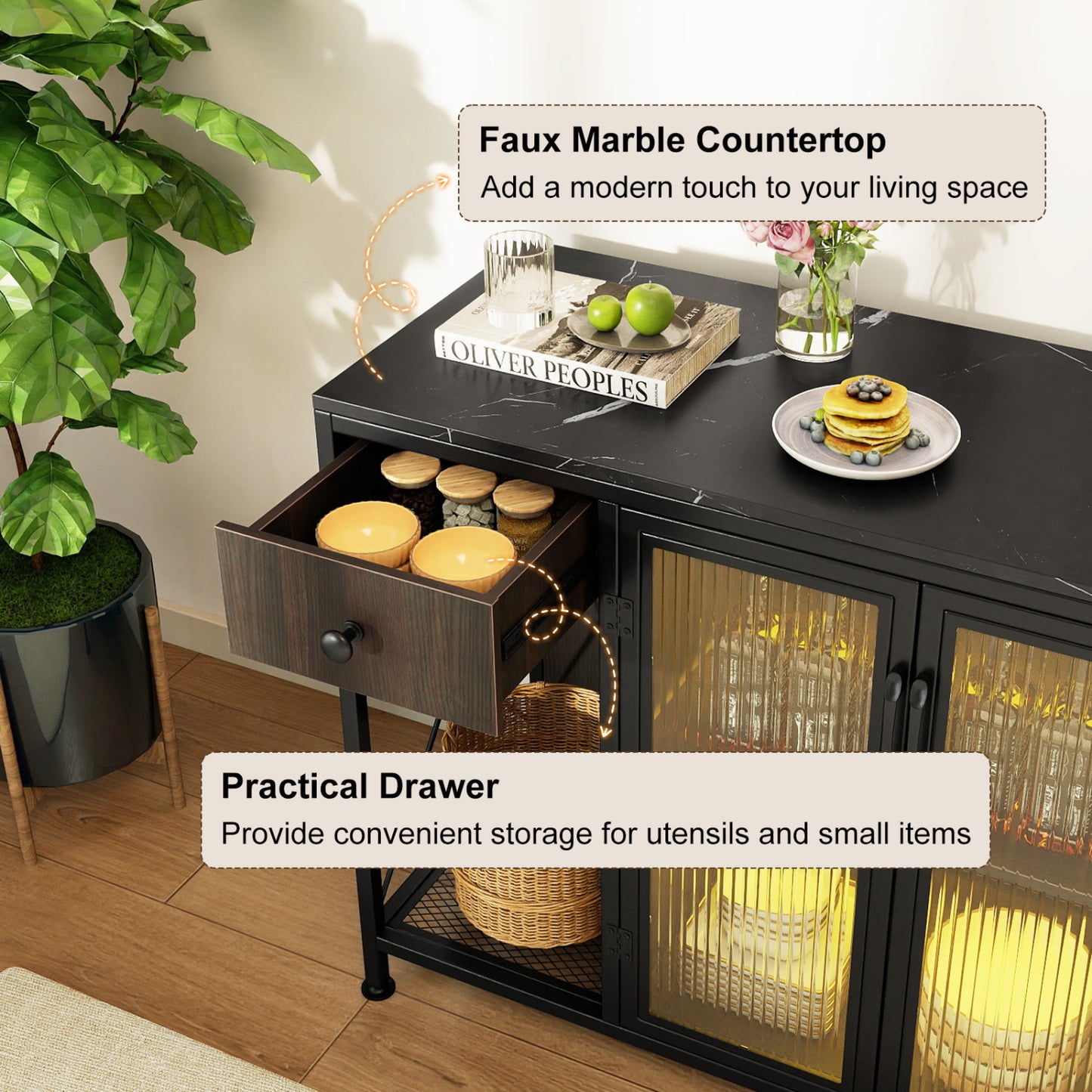 Buffet Sideboard With Doors, Power Outlets, LED Light, Black Sideboards Cabinets & Buffets at Gallery Canada