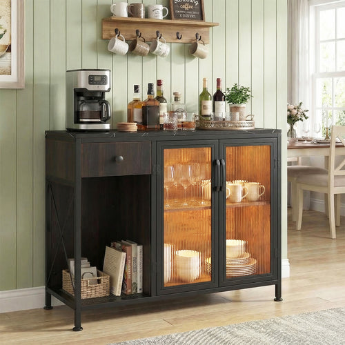 Buffet Sideboard With Doors, Power Outlets, LED Light, Black