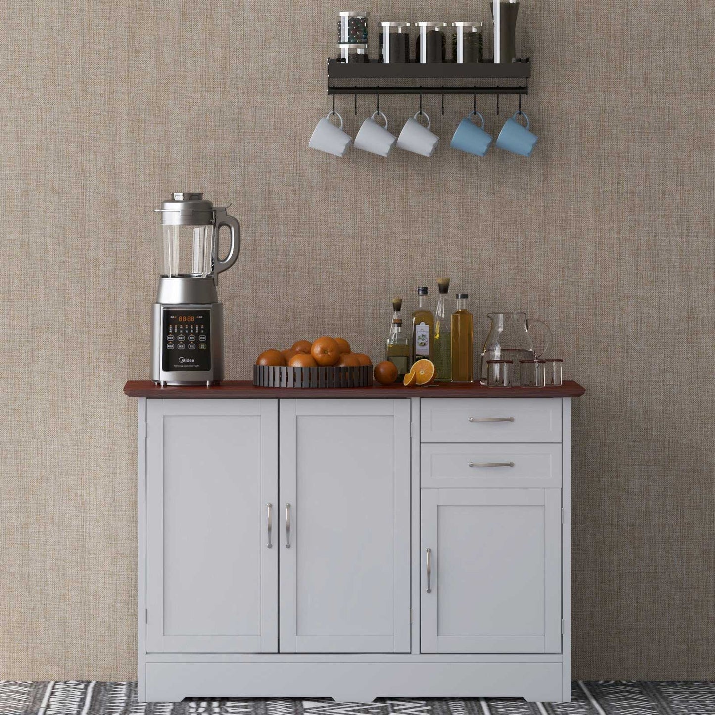 Buffet Storage Cabinet, Kitchen Sideboard, 2 Drawers, White