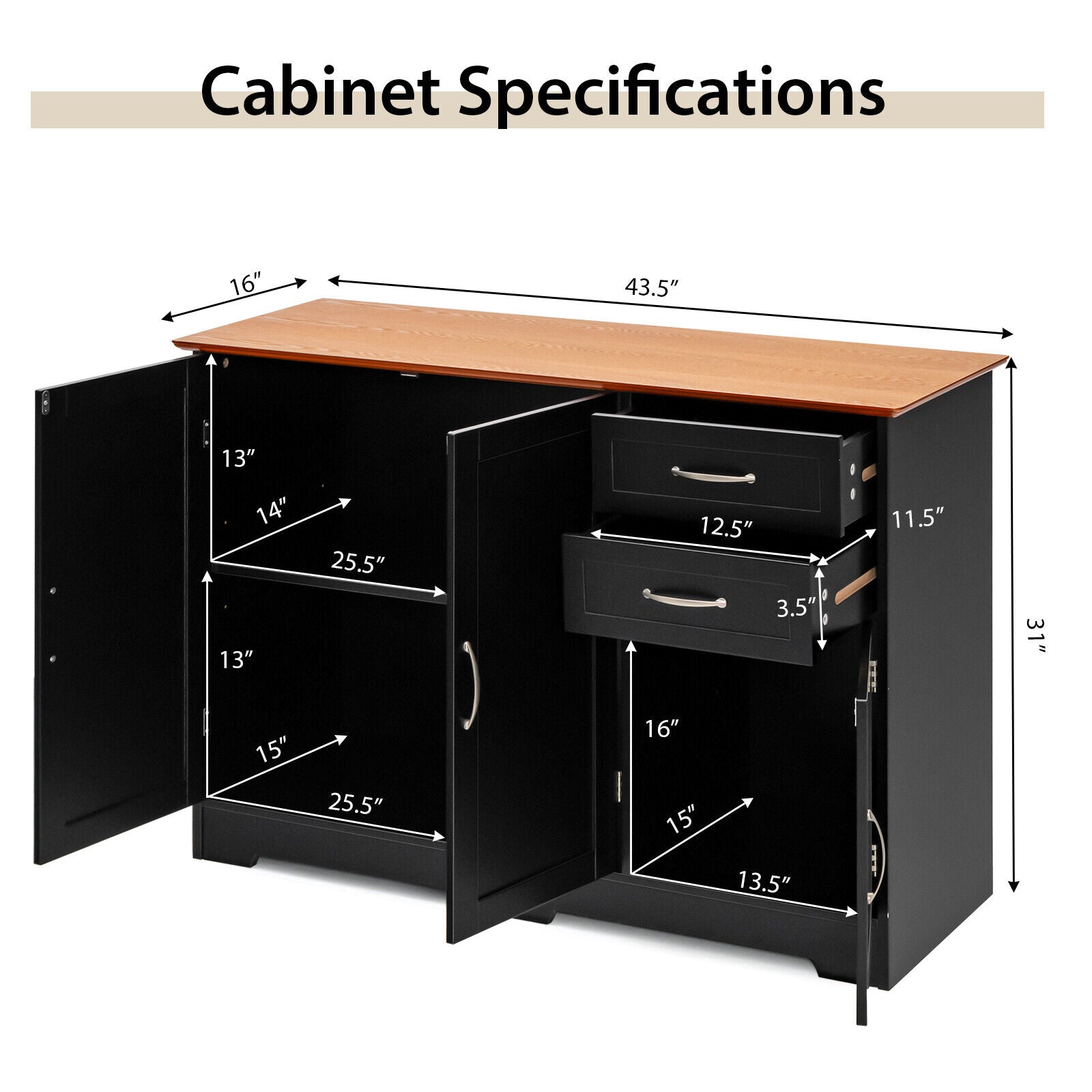 Buffet Storage Cabinet, 2-Door 2-Drawer, Black Sideboards Cabinets & Buffets at Gallery Canada