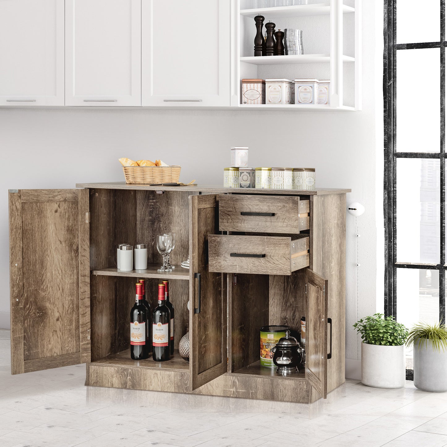 Buffet Storage Cabinet With 2 Drawers, Gray