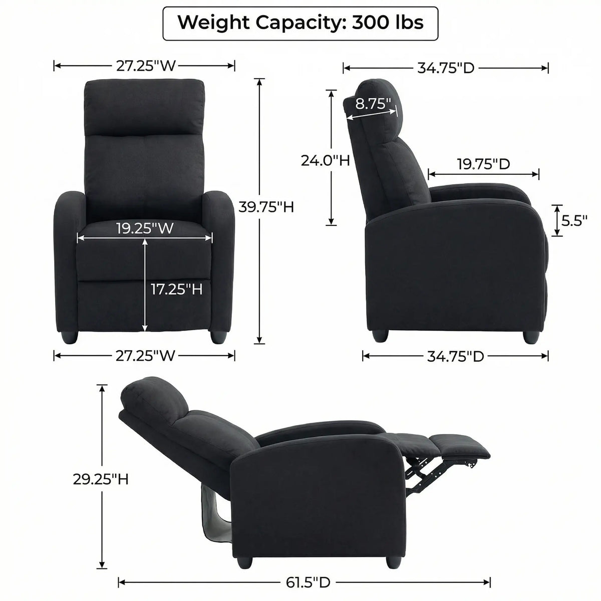 Manual Fabric Recliner Chair, Single Sofa with Padded Seat, Black Single Sofas at Gallery Canada
