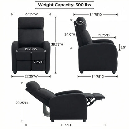 Manual Fabric Recliner Chair, Single Sofa with Padded Seat, Black Single Sofas at Gallery Canada