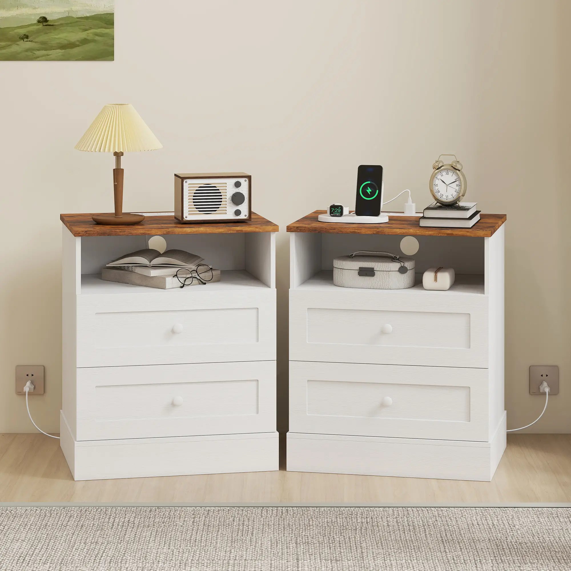 Nightstand with Charging Station 2 Drawers Bedside Table Set of 2 White and Oak Bedside Tables at Gallery Canada