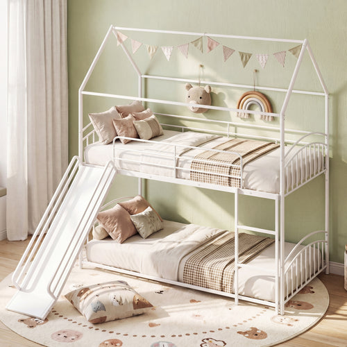 Twin Over Twin Bunk Bed with Metal Slats, White