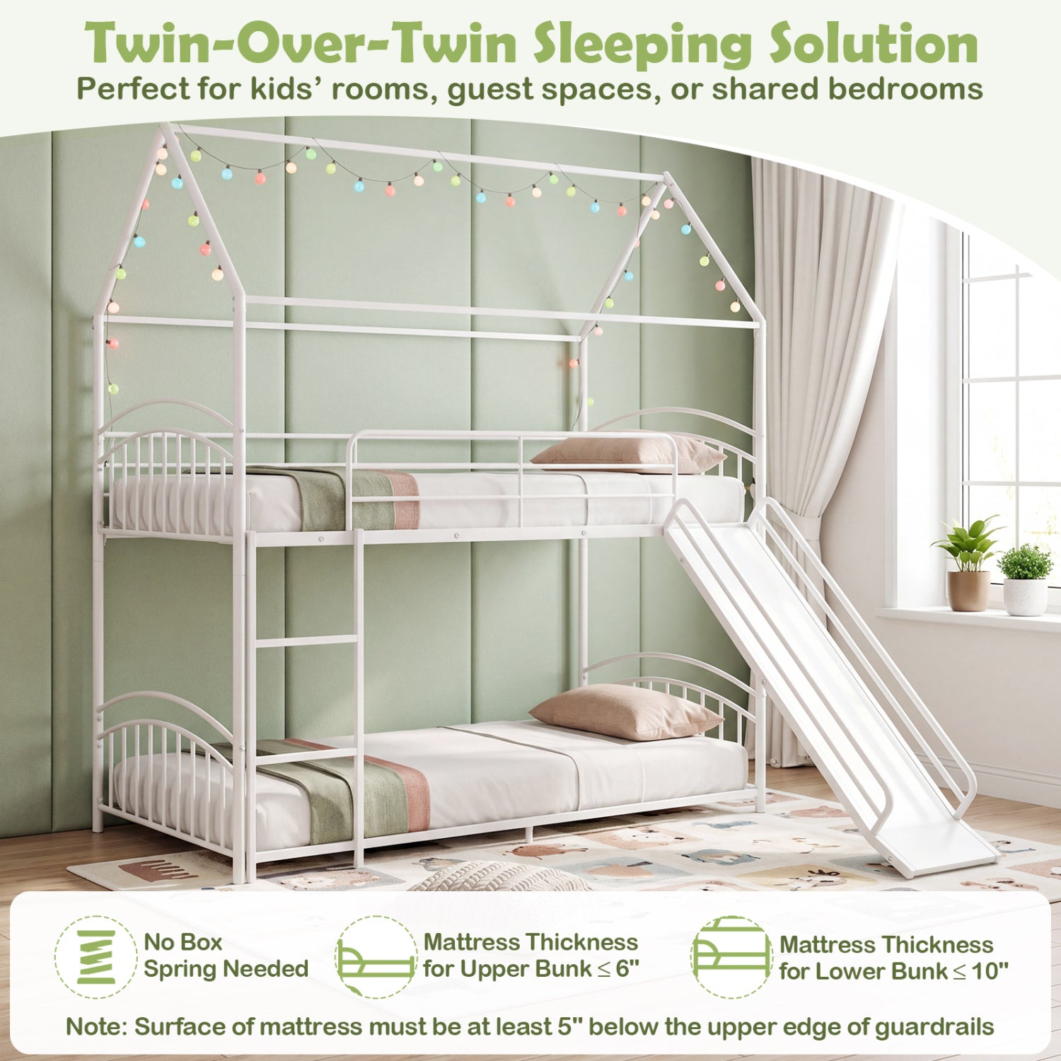 Twin Over Twin Bunk Bed with Metal Slats, White Bunk Bed Frame at Gallery Canada