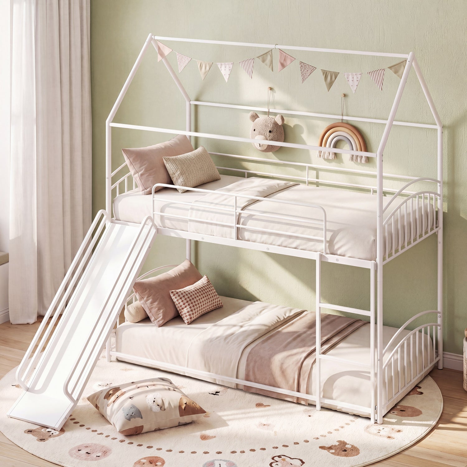 Twin Over Twin Bunk Bed with Metal Slats, White Bunk Bed Frame at Gallery Canada