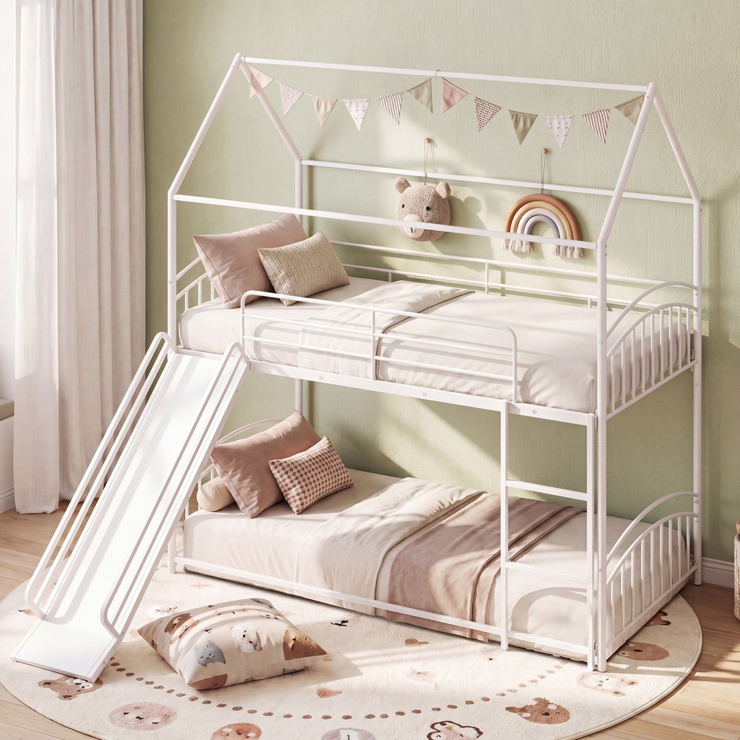 Twin Over Twin Bunk Bed with Metal Slats, White Bunk Bed Frame at Gallery Canada