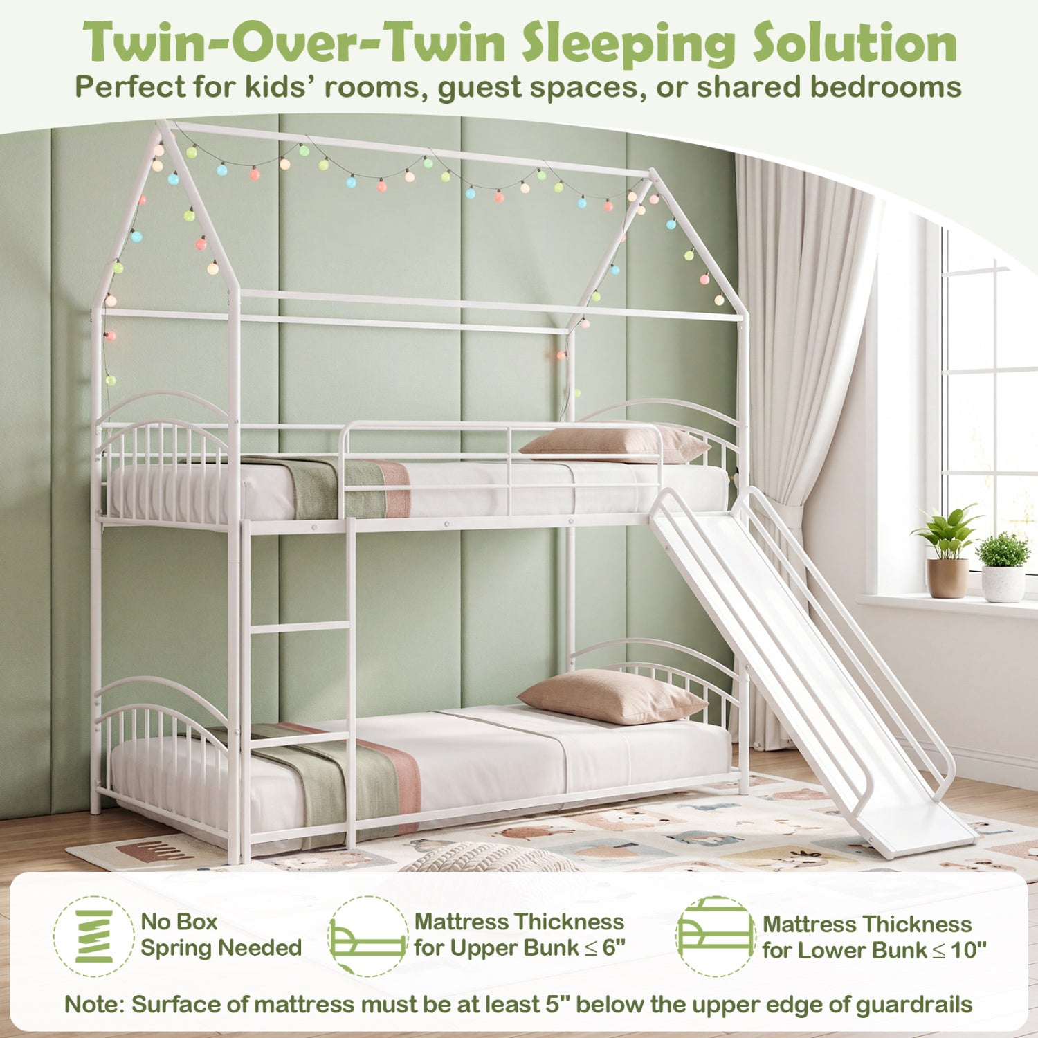 Twin Over Twin Bunk Bed with Metal Slats, White Bunk Bed Frame at Gallery Canada