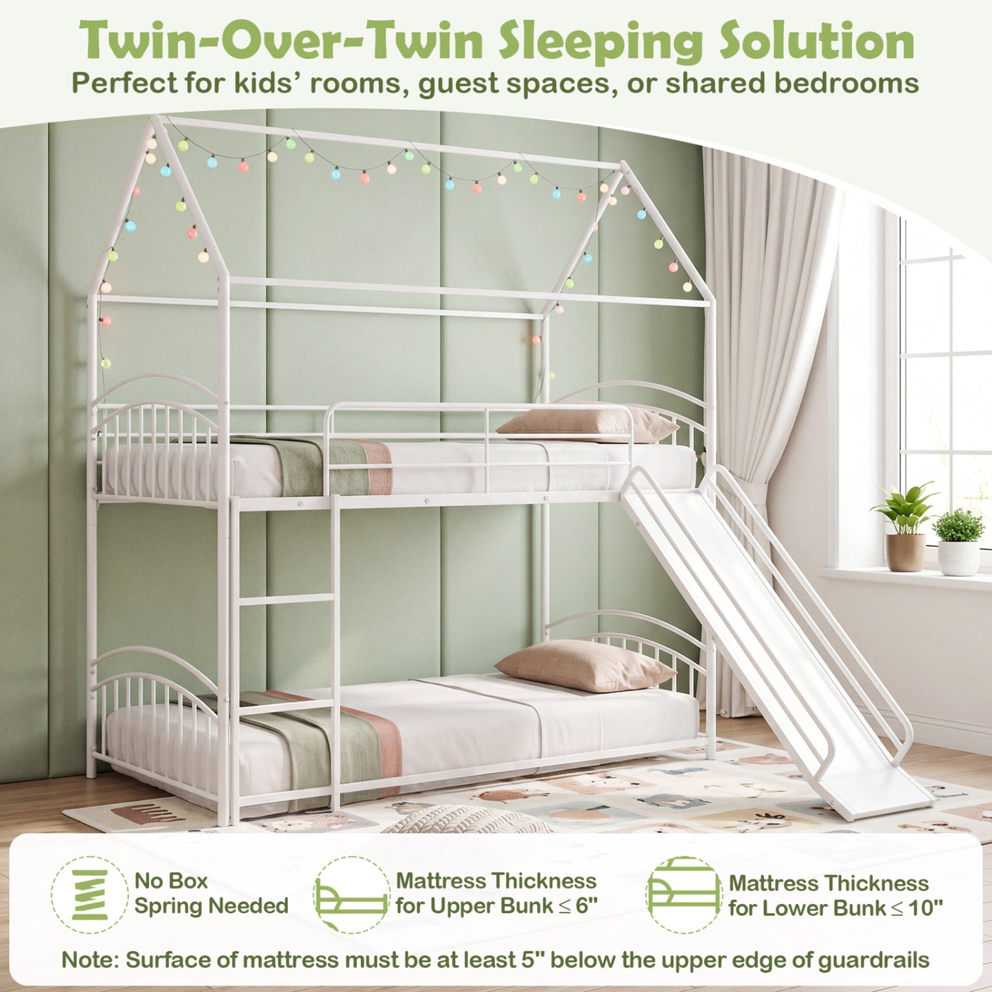 Twin Over Twin Bunk Bed with Metal Slats, White Bunk Bed Frame at Gallery Canada