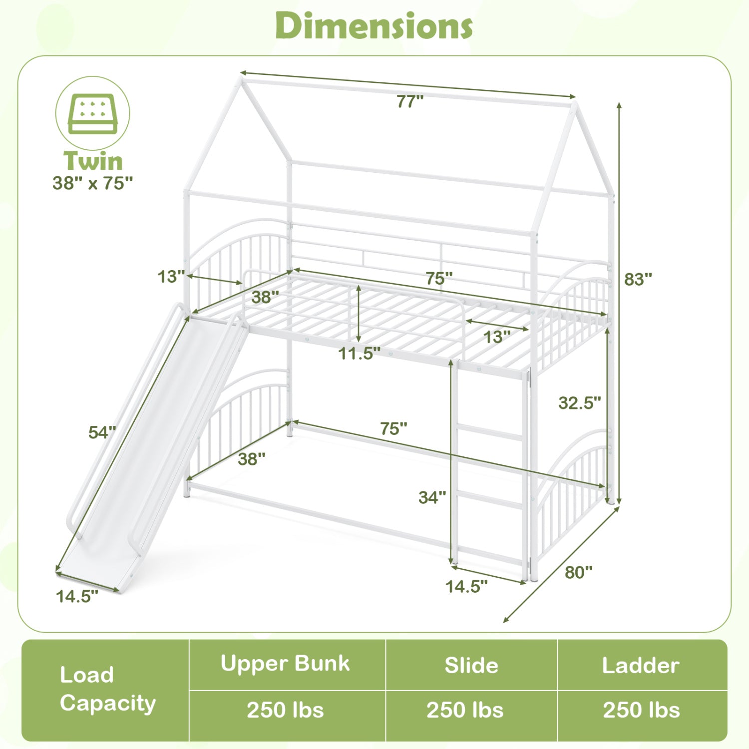 Twin Over Twin Bunk Bed with Metal Slats, White Bunk Bed Frame at Gallery Canada