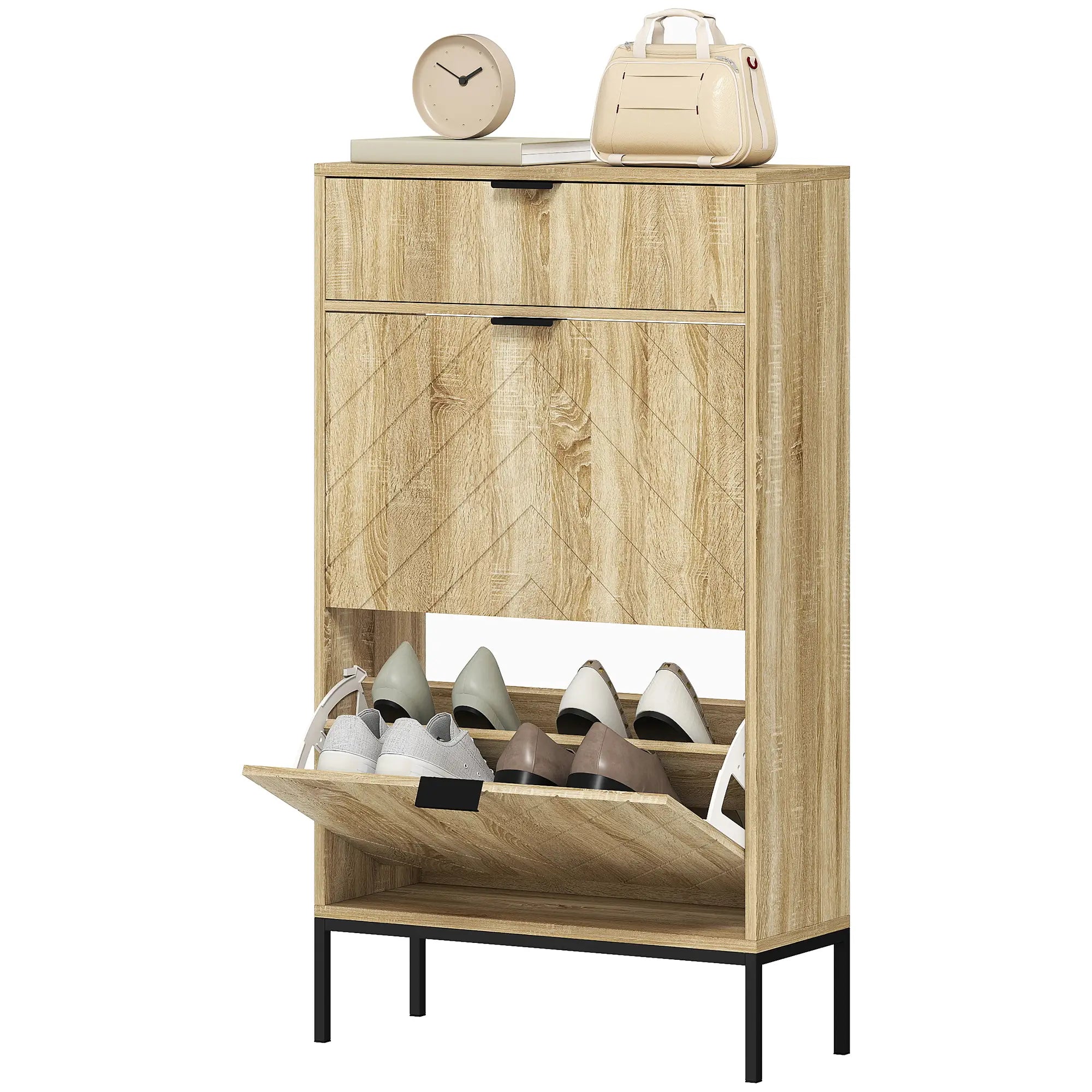 Narrow Shoe Storage Cabinet, Flip Drawers, Adjustable Shelves, Holds 8 Pairs, Oak Shoe Storage Cabinets & Racks Oak, Black at Gallery Canada