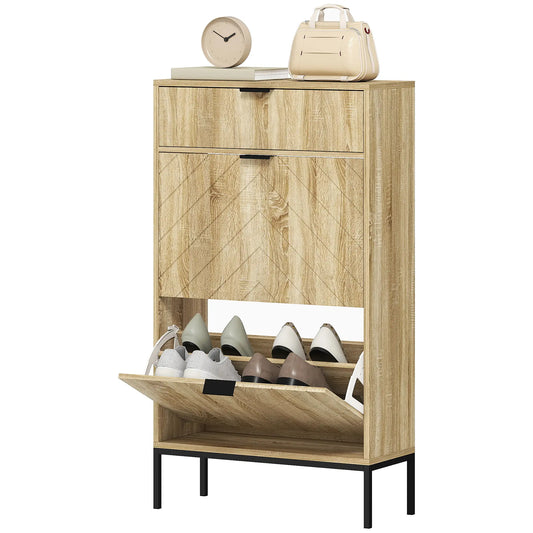 Narrow Shoe Storage Cabinet, Flip Drawers, Adjustable Shelves, Holds 8 Pairs, Oak Shoe Storage Cabinets & Racks Oak, Black at Gallery Canada