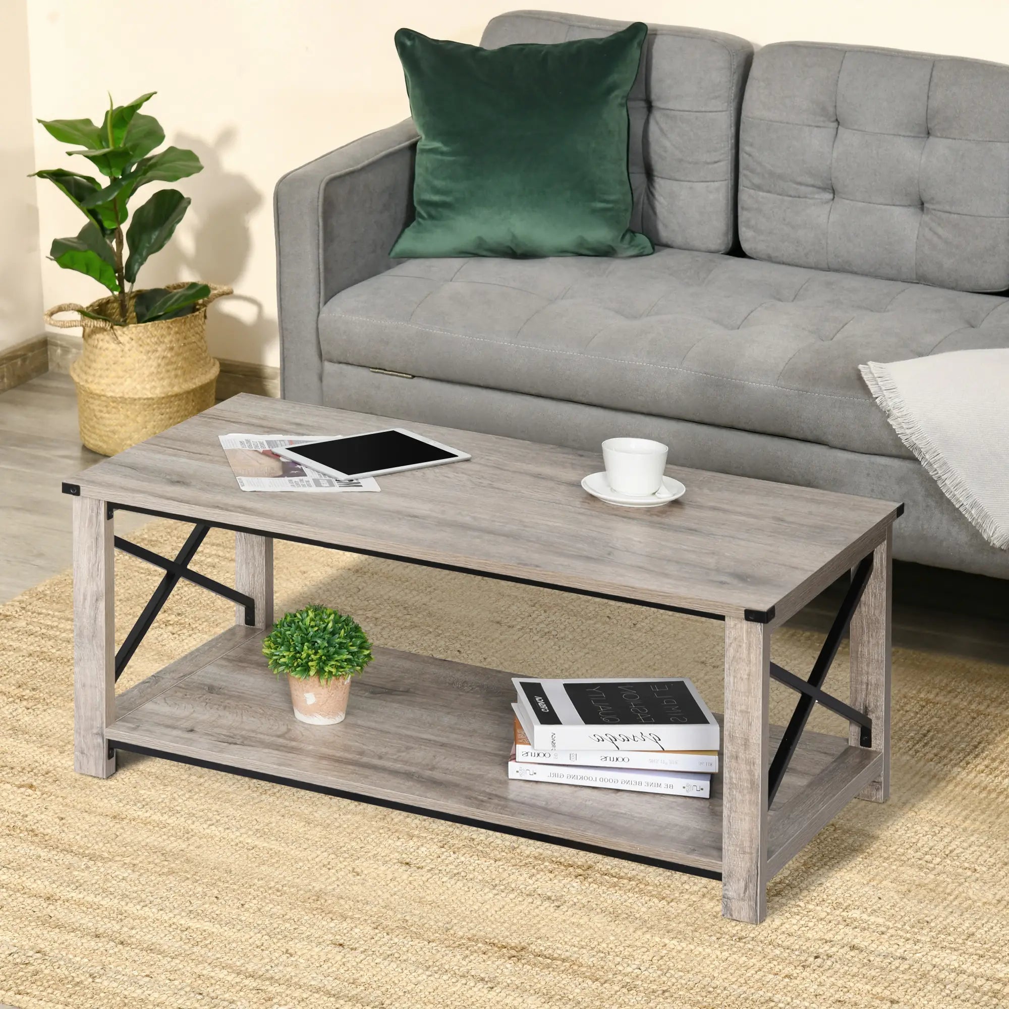 Industrial Coffee Table, Metal X-Bar, Storage Shelf, Living Room Coffee Tables at Gallery Canada