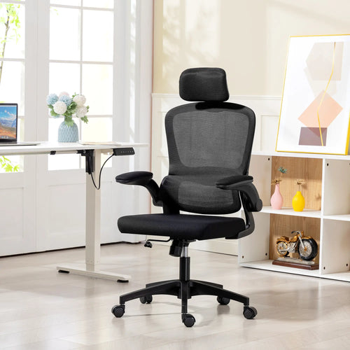 Ergonomic Mesh Office Chair, High Back, Rotatable Headrest, Flip Up Armrests, Lumbar Support, Black