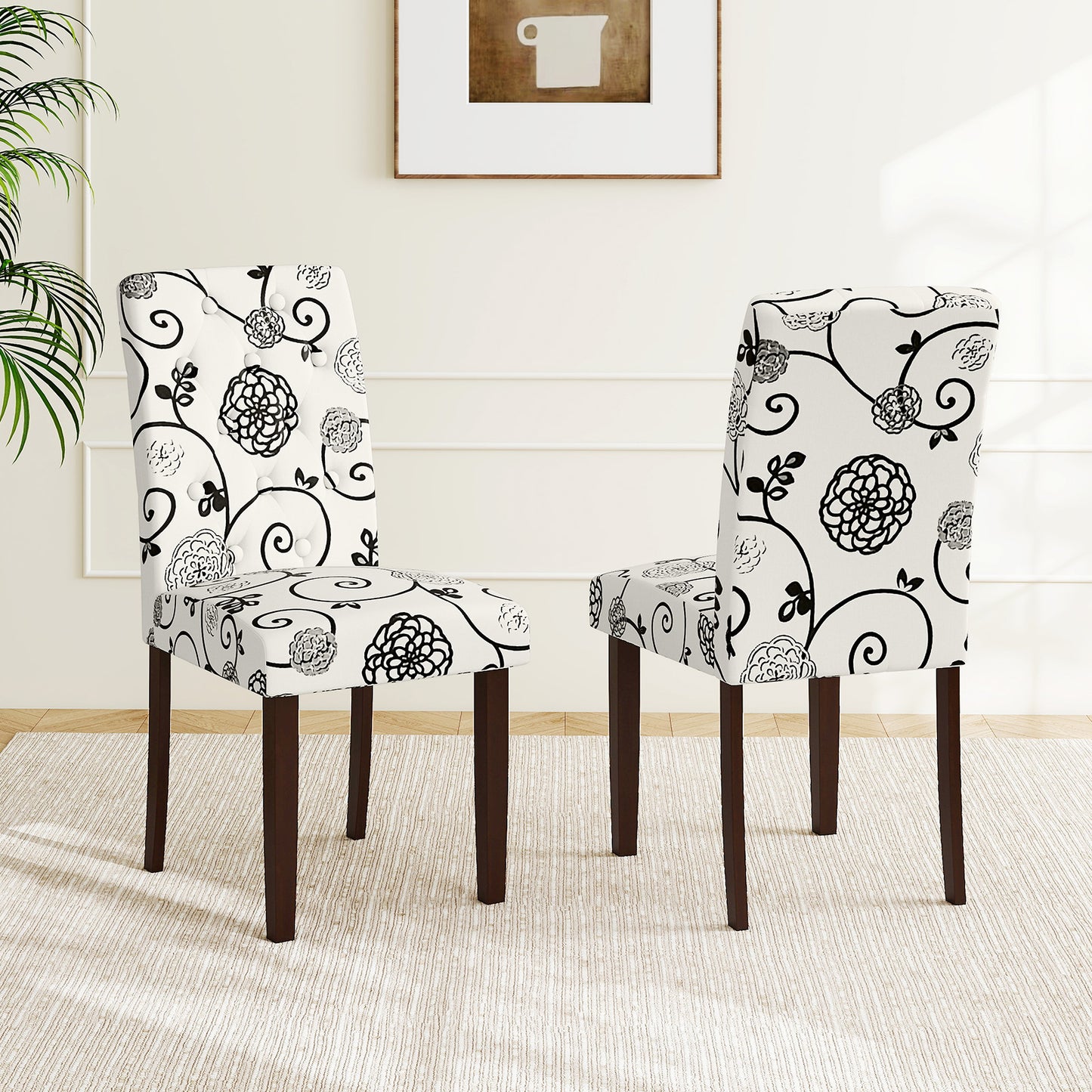 Button Tufted Fabric Upholstered Wooden Dining Chair Set of 2 with High Curved Back, Beige Dining Chairs at Gallery Canada