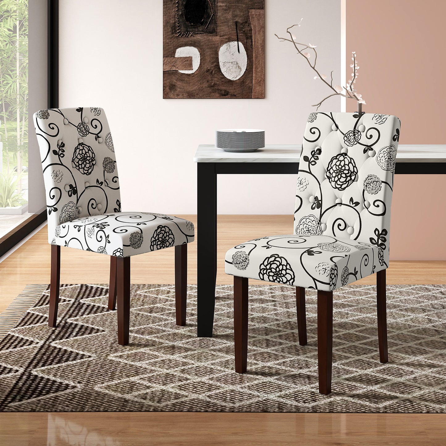 Button Tufted Fabric Upholstered Wooden Dining Chair Set of 2 with High Curved Back, Beige Dining Chairs at Gallery Canada