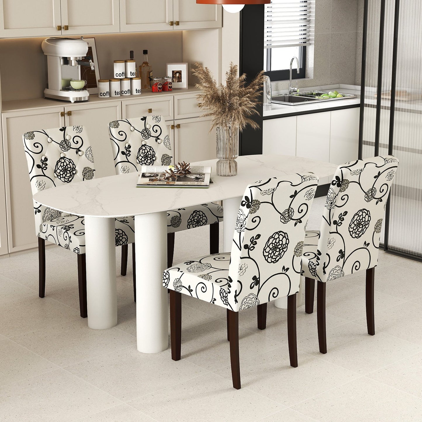 Button Tufted Fabric Upholstered Wooden Dining Chair Set of 2 with High Curved Back, Beige Dining Chairs at Gallery Canada