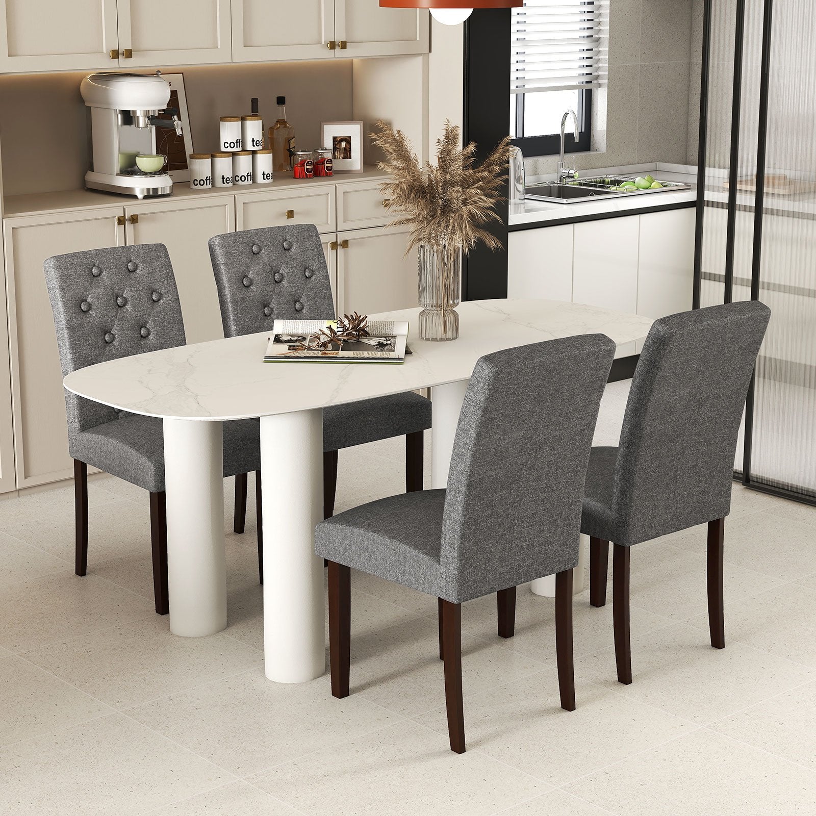 Button Tufted Fabric Upholstered Wooden Dining Chair Set of 2 with High Curved Back, Gray Dining Chairs at Gallery Canada