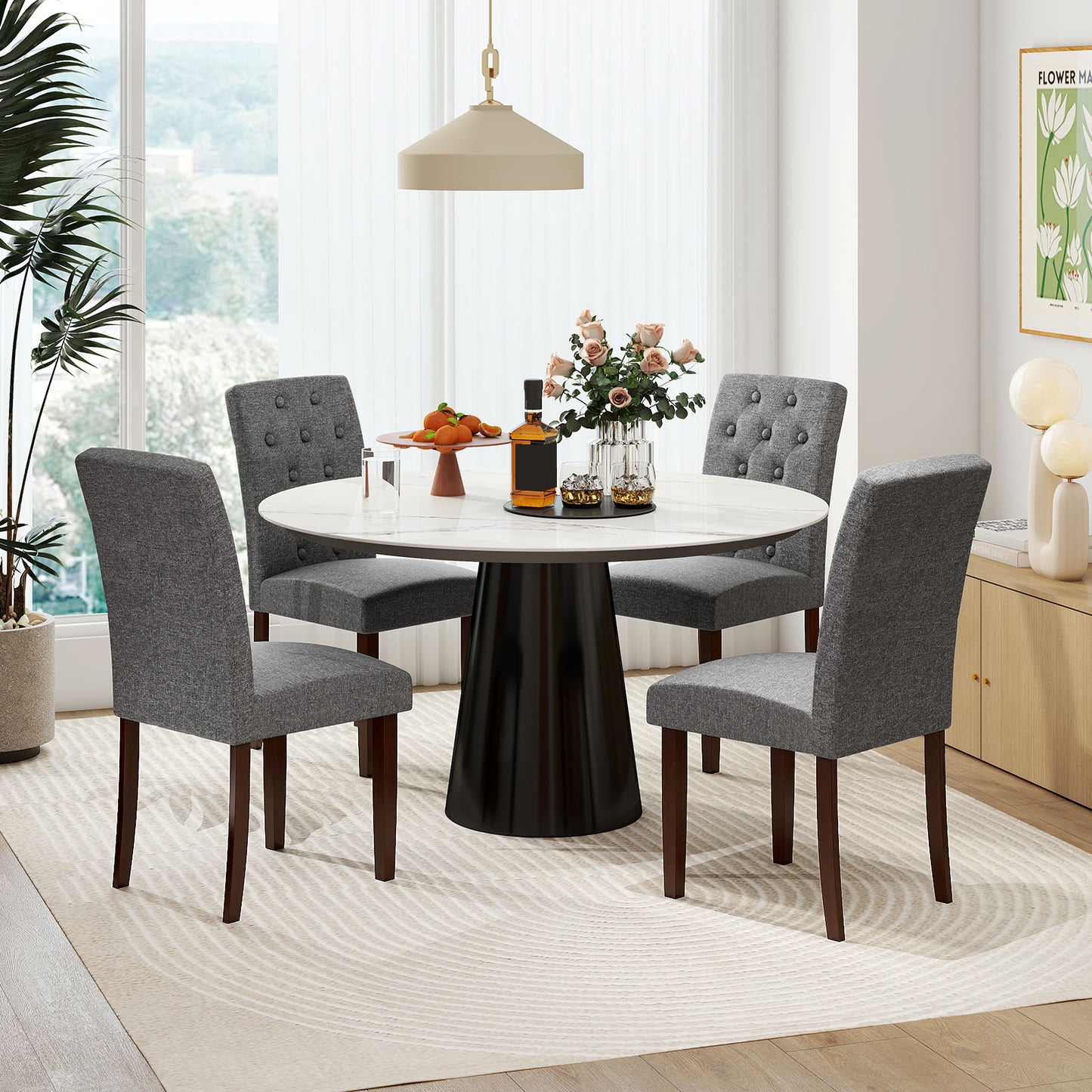 Button Tufted Fabric Upholstered Wooden Dining Chair Set of 2 with High Curved Back, Gray Dining Chairs at Gallery Canada