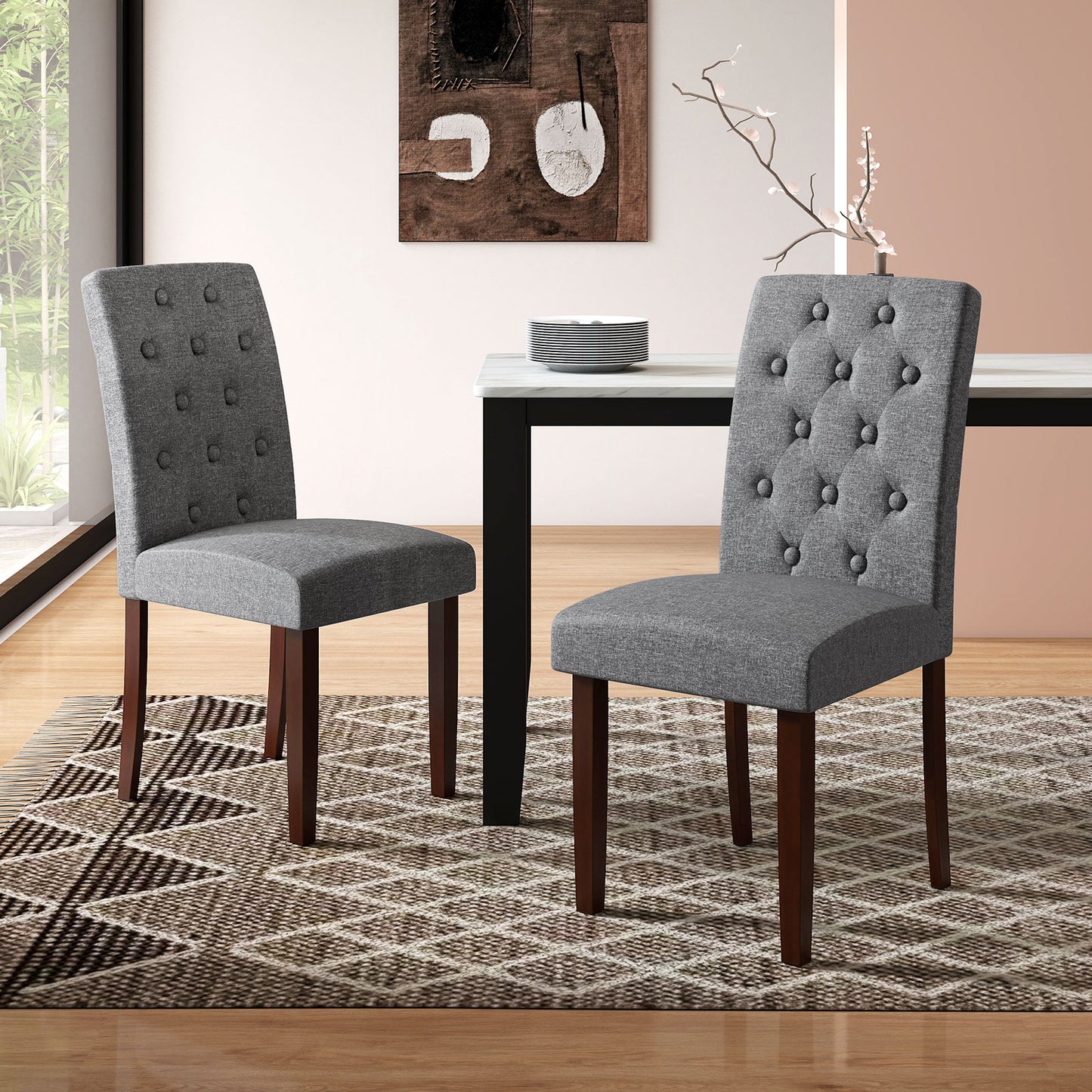 Button Tufted Fabric Upholstered Wooden Dining Chair Set of 2 with High Curved Back, Gray Dining Chairs at Gallery Canada