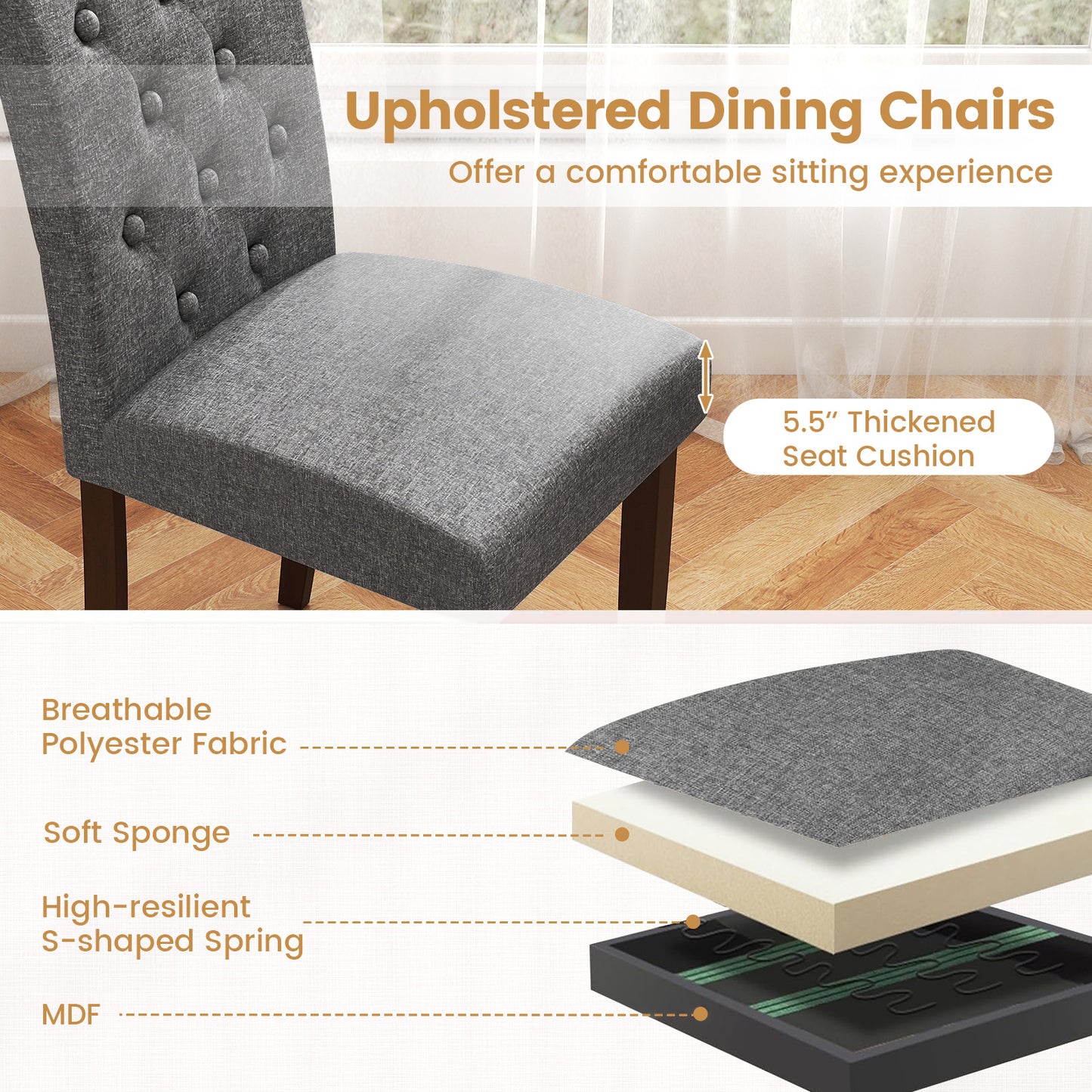 Button Tufted Fabric Upholstered Wooden Dining Chair Set of 2 with High Curved Back, Gray Dining Chairs at Gallery Canada