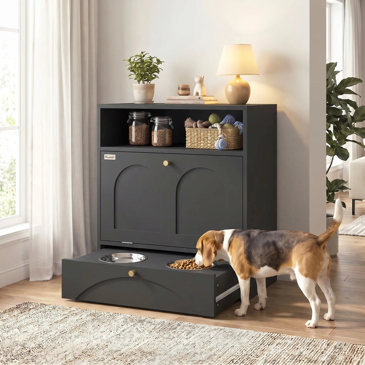 Dog Feeding Station, Food Storage Cabinet, 2 Elevated Bowls, Black Dog Bowls at Gallery Canada