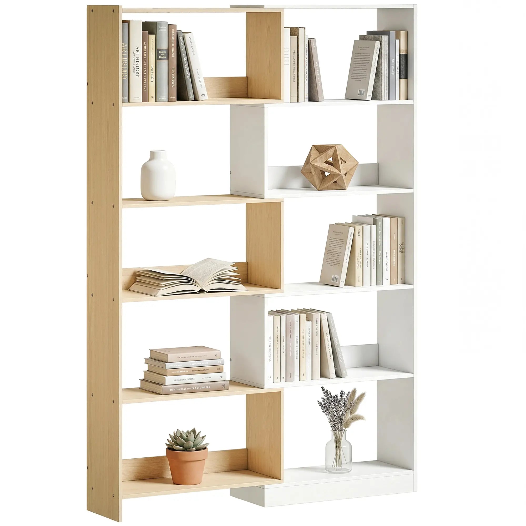 Corner Bookshelf, 5-Tier L-Shaped Bookcase with 350° Rotating Design, Two-Tone Design, Fruitwood/White Display Bookshelves at Gallery Canada