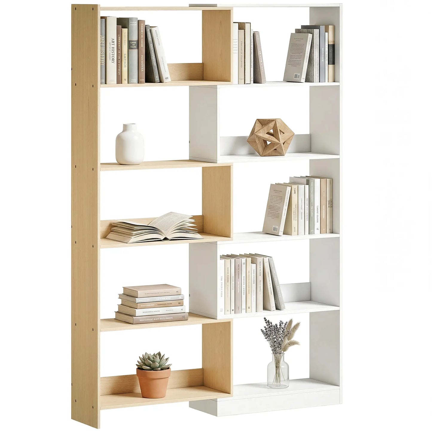 Corner Bookshelf, 5-Tier L-Shaped Bookcase with 350° Rotating Design, Two-Tone Design, Fruitwood/White Display Bookshelves at Gallery Canada