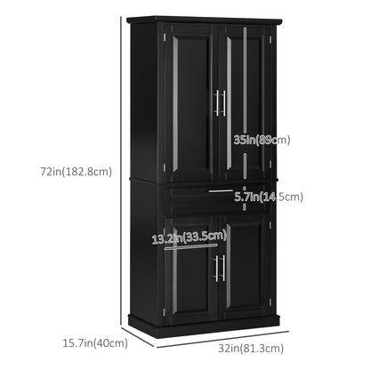 72" Kitchen Pantry Cabinet, 4-Door with Drawer, Adjustable Shelves, Black Kitchen Pantry Cabinets at Gallery Canada